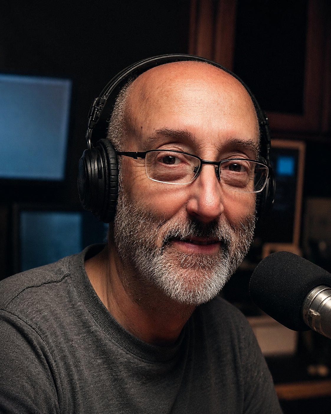 Robert Vernon in the studio, headphones on, at the microphone.
